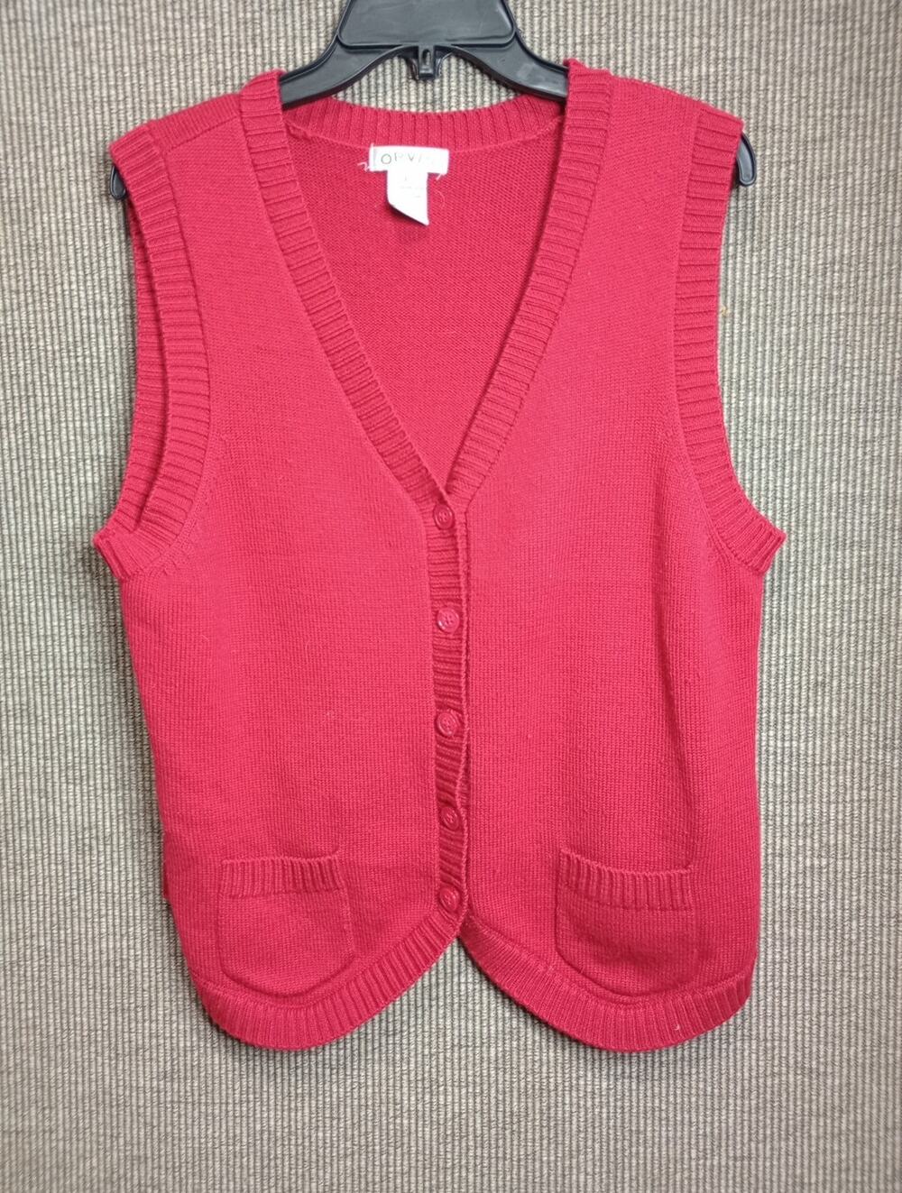 Orvis 100% Shetland Wool Button Up Sweater Vest Pocket Red WinterCottage L